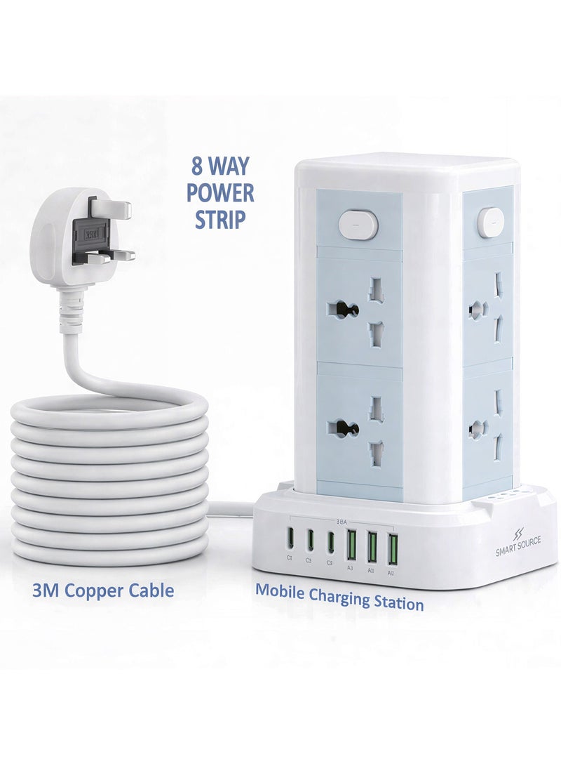 SMART SOURCE 8 Way Power Extension Tower with USB Ports | Multi Socket Power Strip with 6 USB Charging Ports | 3 Meter Heavy Duty Copper Cable | Smart Mobile Charging Station for Home & Office - Image 1